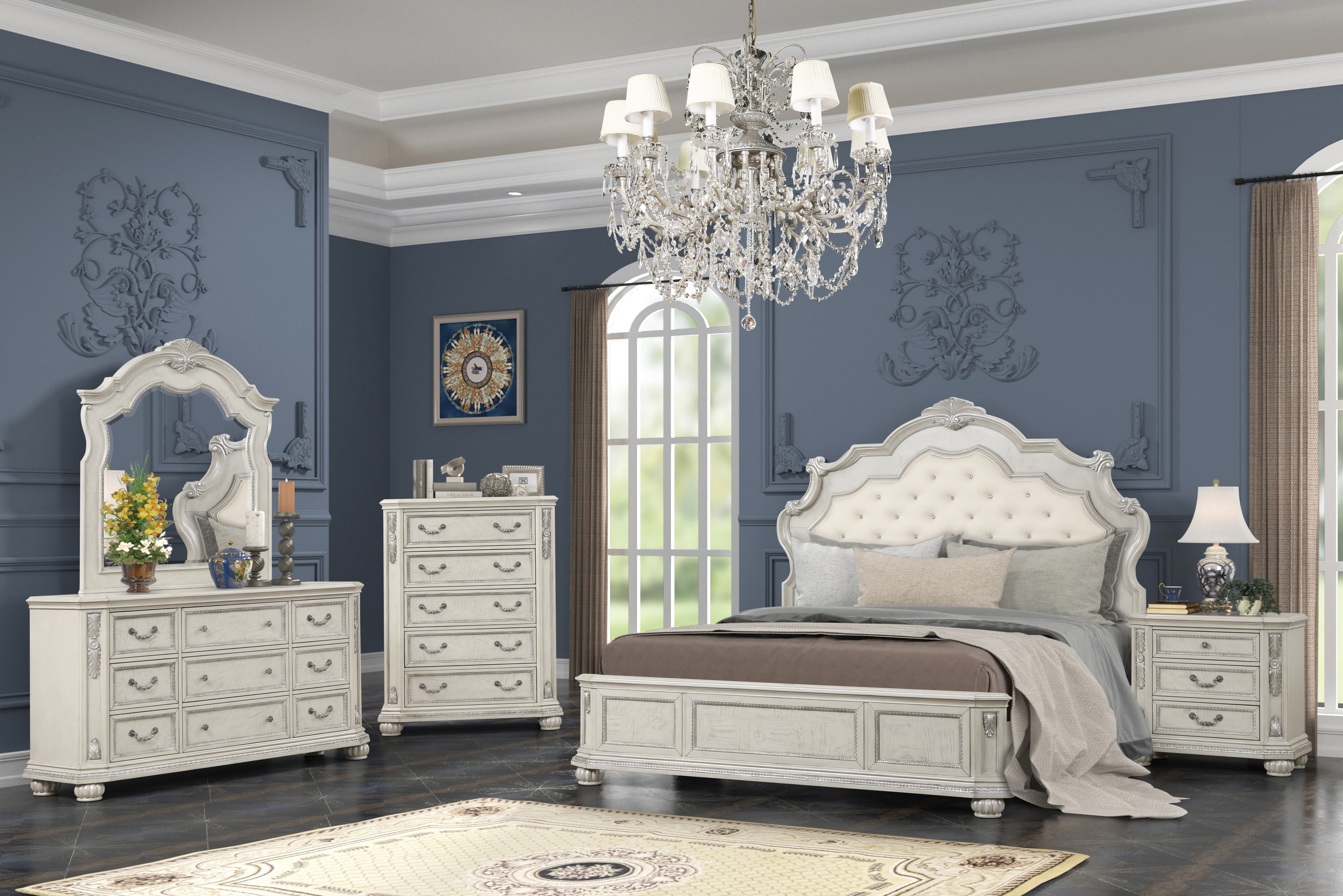 B104 Queen Bed — Antique White With Grey Undertones