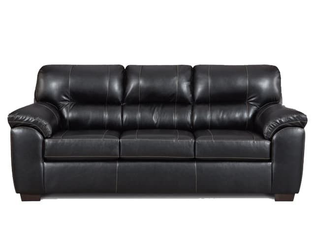 Ivory Queen Sleeper Sofa — Queen sleeper in a black pu fabric. Contrast baseball stitching. 4 inch innerspring mattress Dimensions: QUEEN SLEEPER: 90W x 38D x 41H;