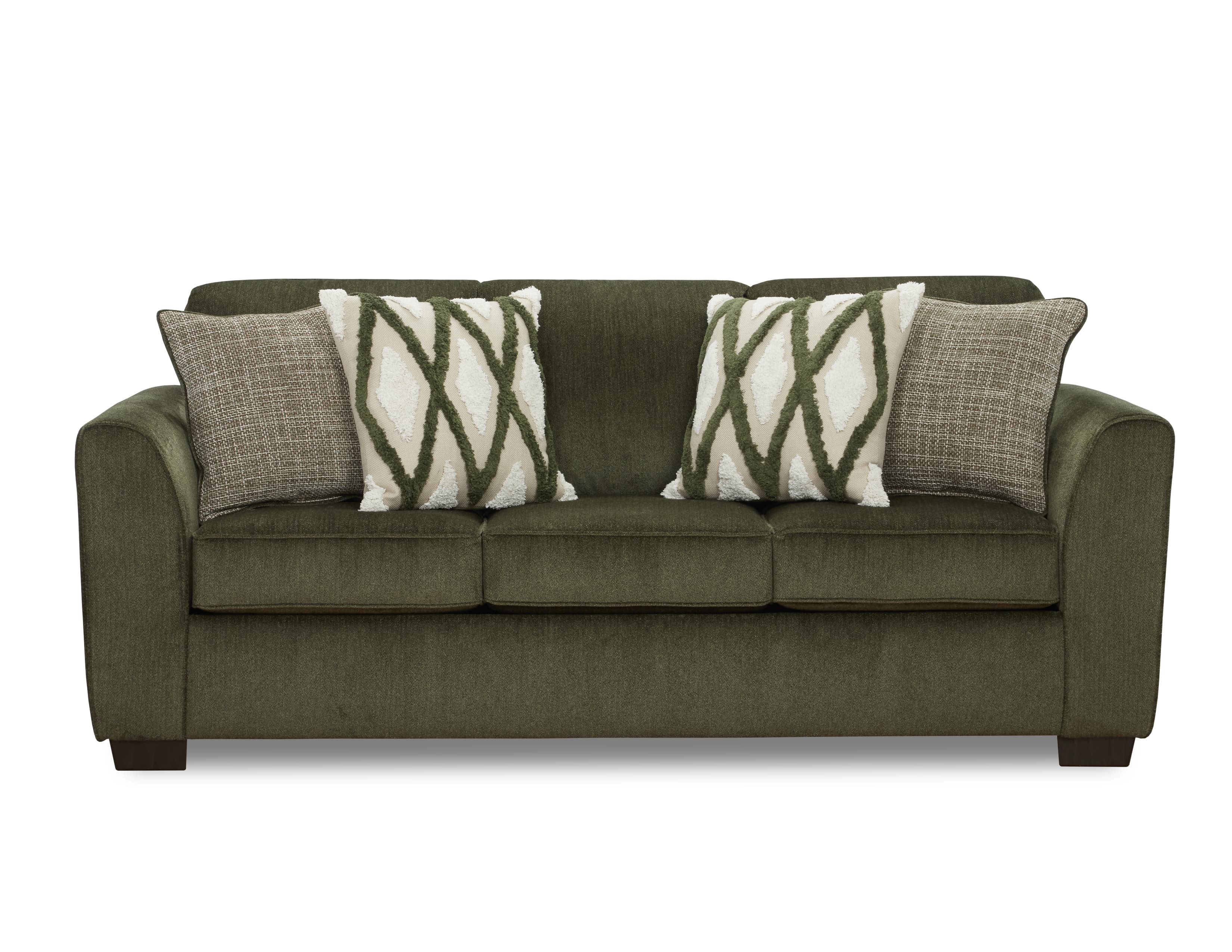 Caramel Queen Sleeper Sofa — Modern style queen sleeper in a basil green textured fabric. Sleeper features attached backs with complementary accent pillows. 4 inch innerspring mattress Dimensions: QUEEN SLEEPER: 88W x 38D x 38H;