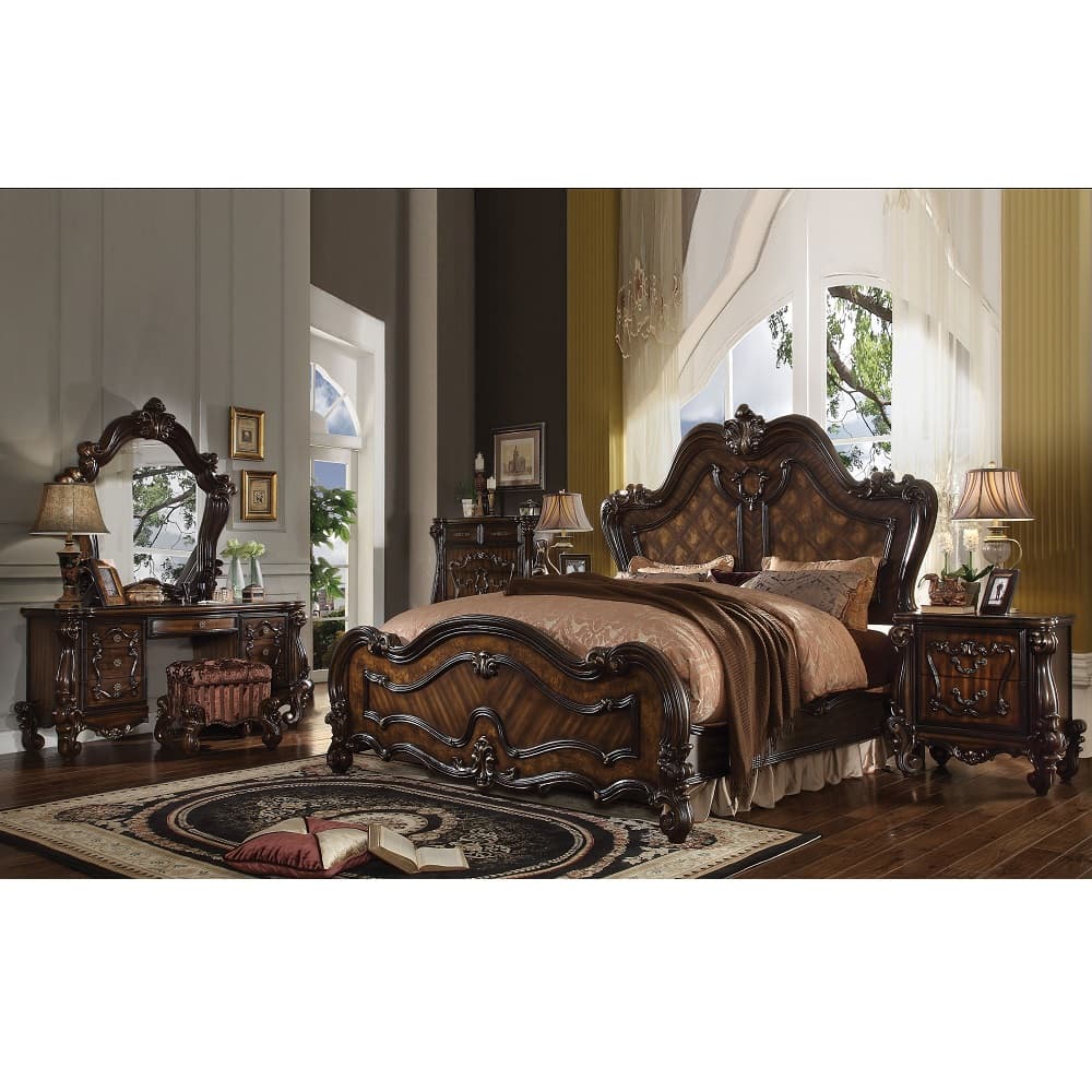 The Versailles vanity stool is the perfect accent to create the style of royalty your bedroom has been needing. This vanity stool crafted in wood with cherry oak finish was inspired by old European design with an upholstered tight seat cushion with welted trim and intricate wood carvings on the scrolled legs.
