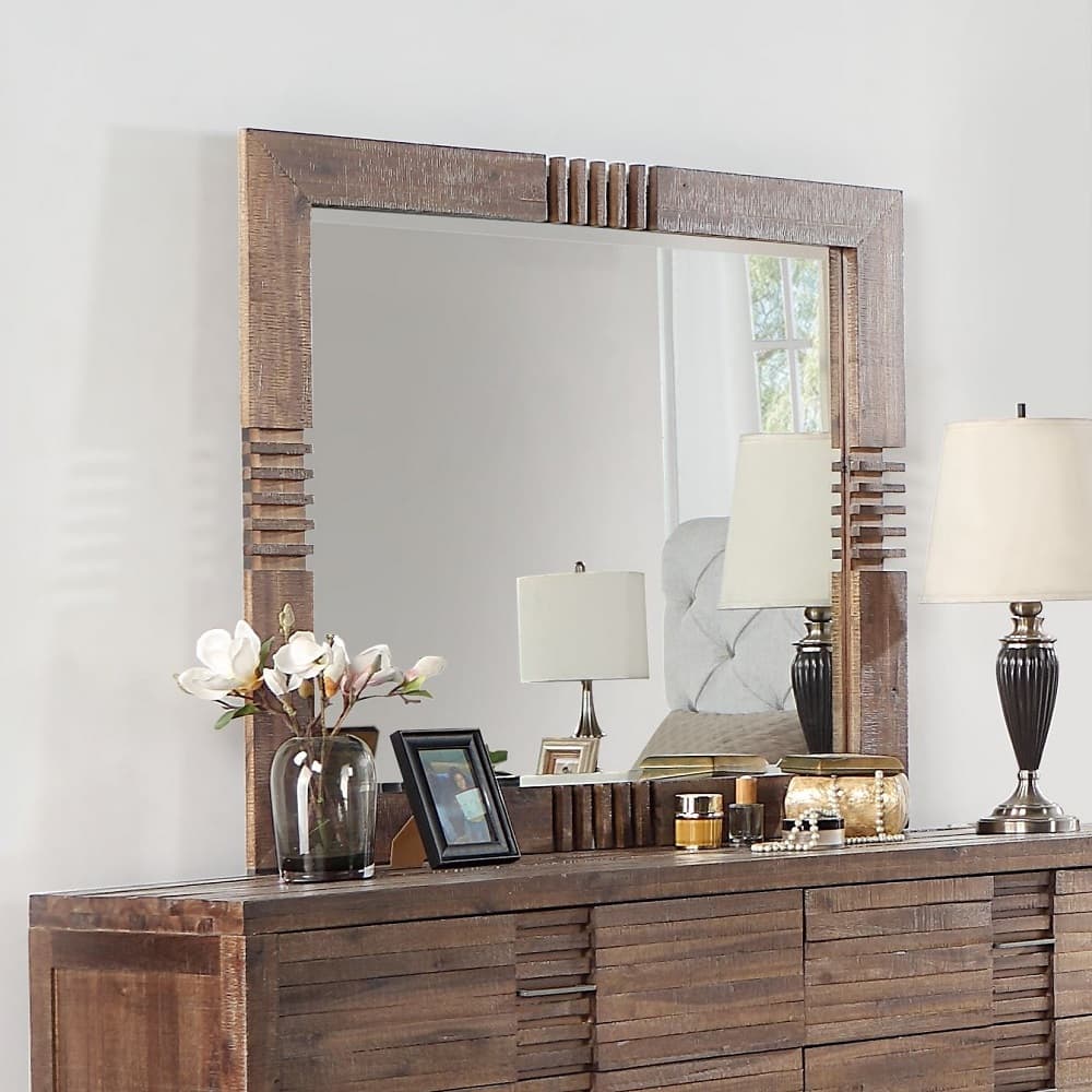 The Andria Beveled mirror has a sturdy wooden frame with a reclaimed oak finish. The Mirror gives you a place to check out your reflection, but the beveled surface and add an elegant touch to a space.