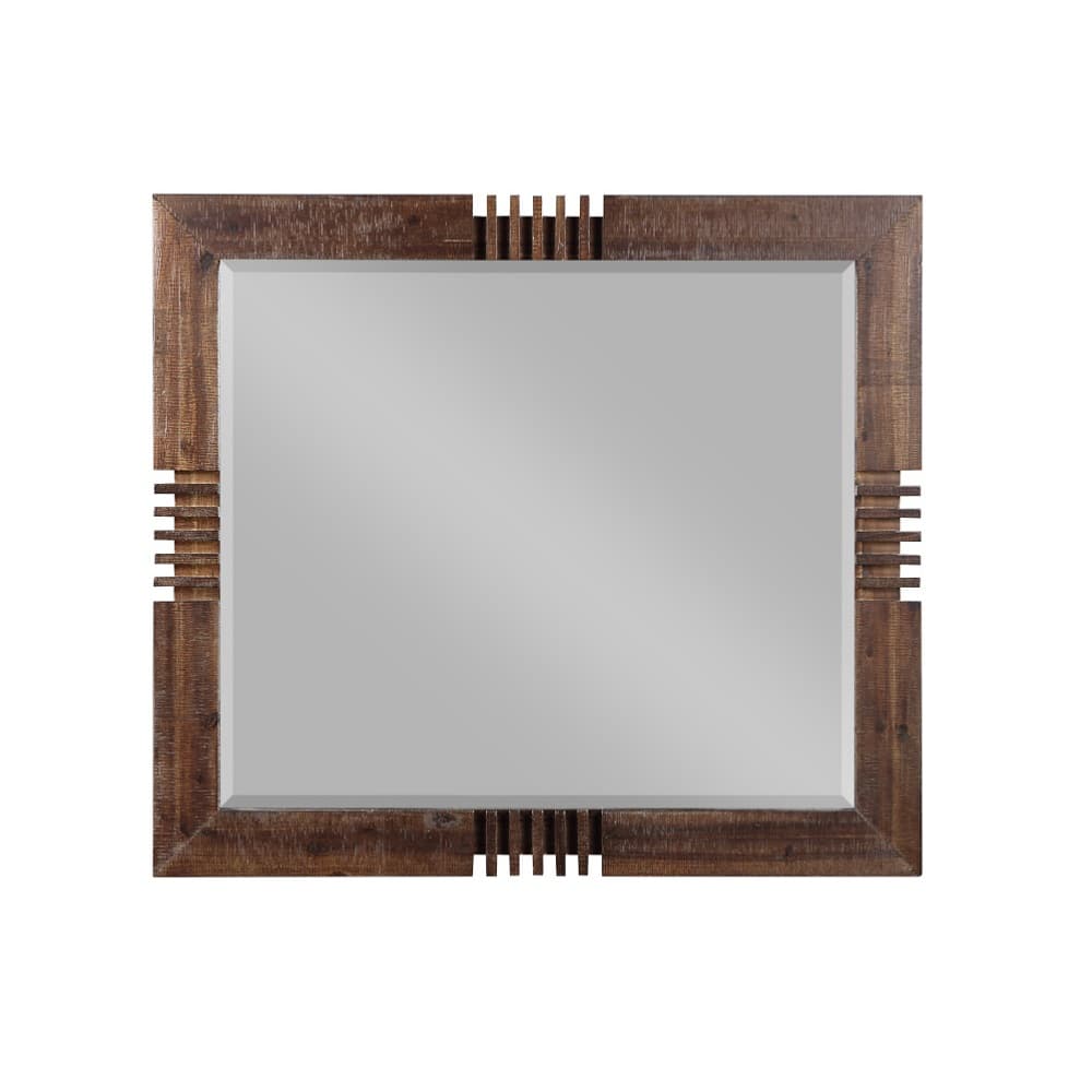 The Andria Beveled mirror has a sturdy wooden frame with a reclaimed oak finish. The Mirror gives you a place to check out your reflection, but the beveled surface and add an elegant touch to a space.
