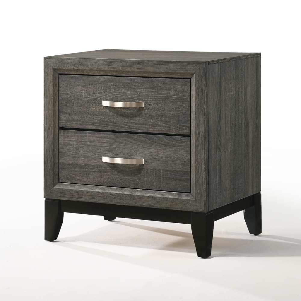 The forward design and clean lines of the Valdemar nightstand make it an ideal addition to any bedroom. This contemporary nightstand features a unique and subtle weathered gray finish. The nightstand features two large drawers that allow for storage of all kinds of household items.  With brushed nickel accents and tapered legs this transitional piece will add a touch of modern elegance and style to any bedroom.