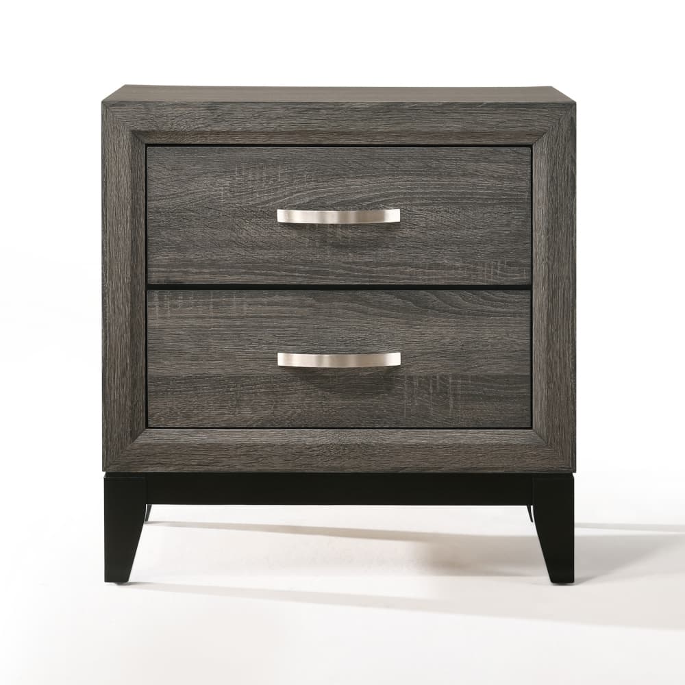 The forward design and clean lines of the Valdemar nightstand make it an ideal addition to any bedroom. This contemporary nightstand features a unique and subtle weathered gray finish. The nightstand features two large drawers that allow for storage of all kinds of household items.  With brushed nickel accents and tapered legs this transitional piece will add a touch of modern elegance and style to any bedroom.