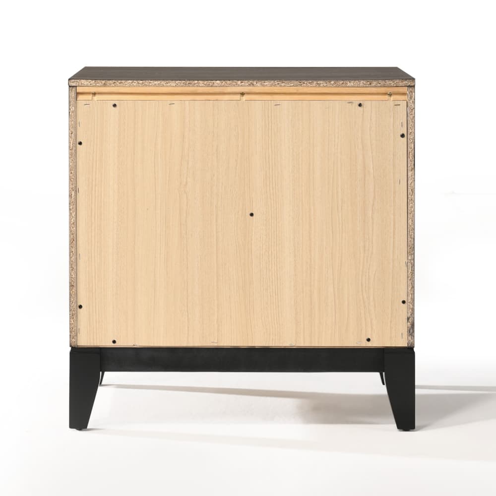 The forward design and clean lines of the Valdemar nightstand make it an ideal addition to any bedroom. This contemporary nightstand features a unique and subtle weathered gray finish. The nightstand features two large drawers that allow for storage of all kinds of household items.  With brushed nickel accents and tapered legs this transitional piece will add a touch of modern elegance and style to any bedroom.
