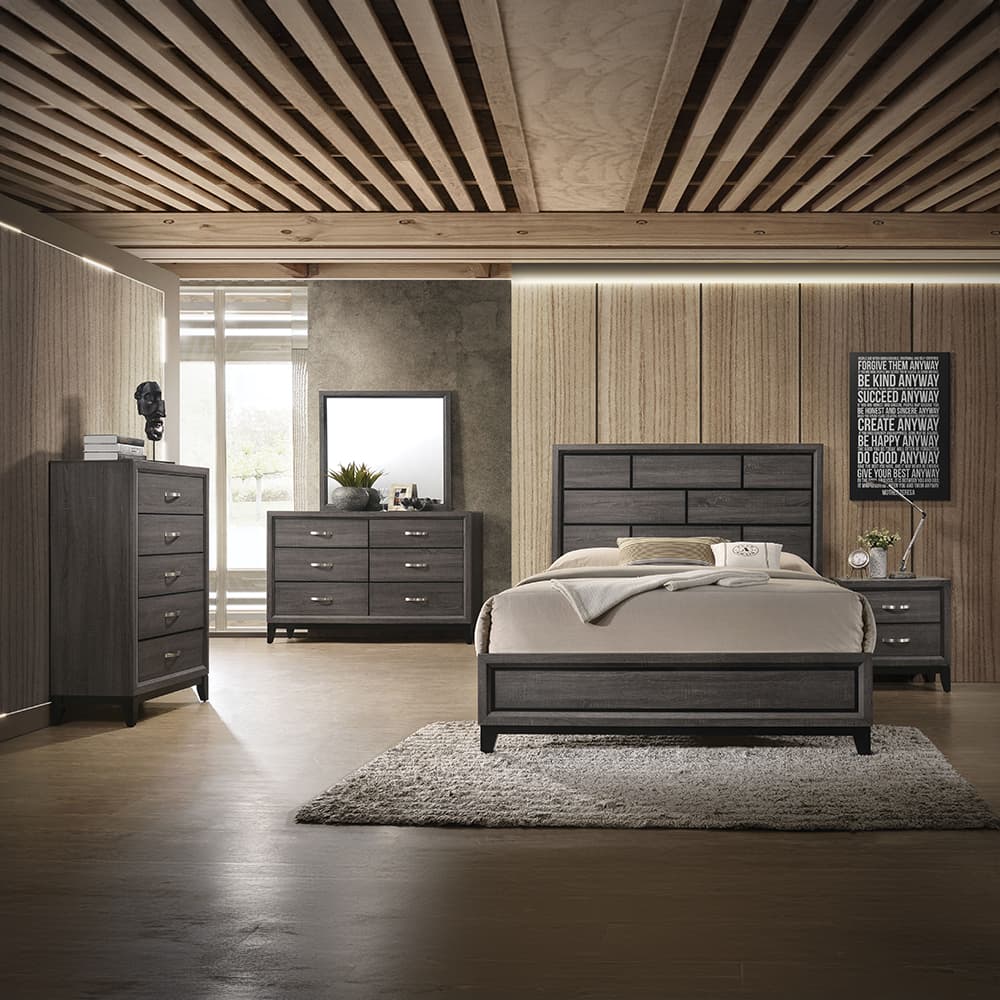 The forward design and clean lines of the Valdemar nightstand make it an ideal addition to any bedroom. This contemporary nightstand features a unique and subtle weathered gray finish. The nightstand features two large drawers that allow for storage of all kinds of household items.  With brushed nickel accents and tapered legs this transitional piece will add a touch of modern elegance and style to any bedroom.
