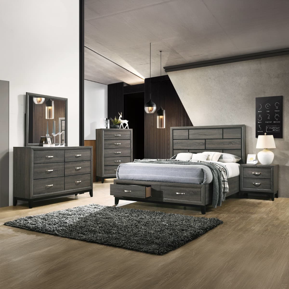 The forward design and clean lines of the Valdemar nightstand make it an ideal addition to any bedroom. This contemporary nightstand features a unique and subtle weathered gray finish. The nightstand features two large drawers that allow for storage of all kinds of household items.  With brushed nickel accents and tapered legs this transitional piece will add a touch of modern elegance and style to any bedroom.