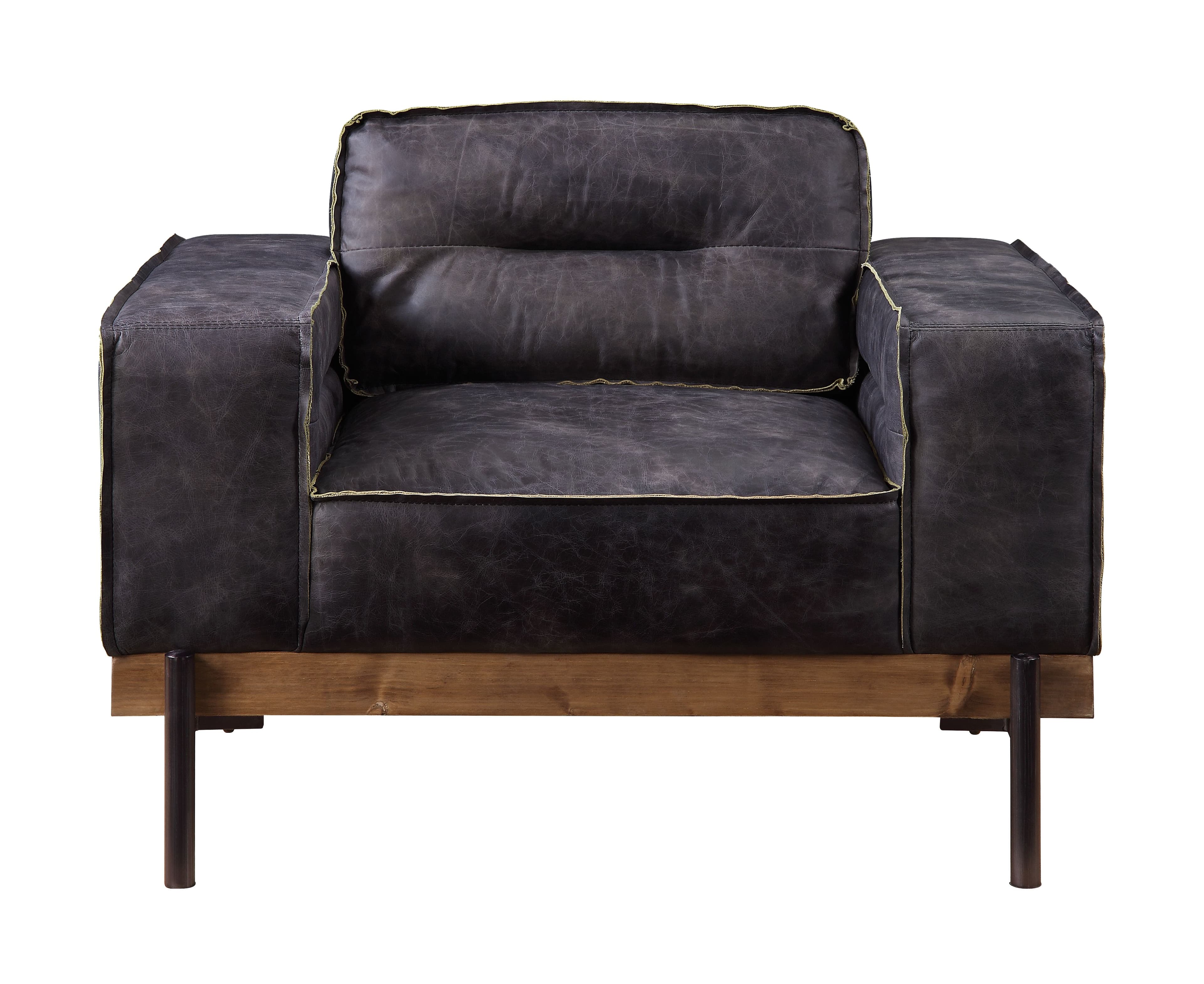 Part of the handsome Silchester Collection, this modern industrial chair will look great in any contemporary space. Contrast stitching makes the antique ebony top grain leather upholstery pop, and highlights the warm color of the wooden trim base. Metal spindle legs visually lighten the substantial proportions of this sofa set. Enjoy wide track arms and comfortable feather and foam seat construction, and relax in style.