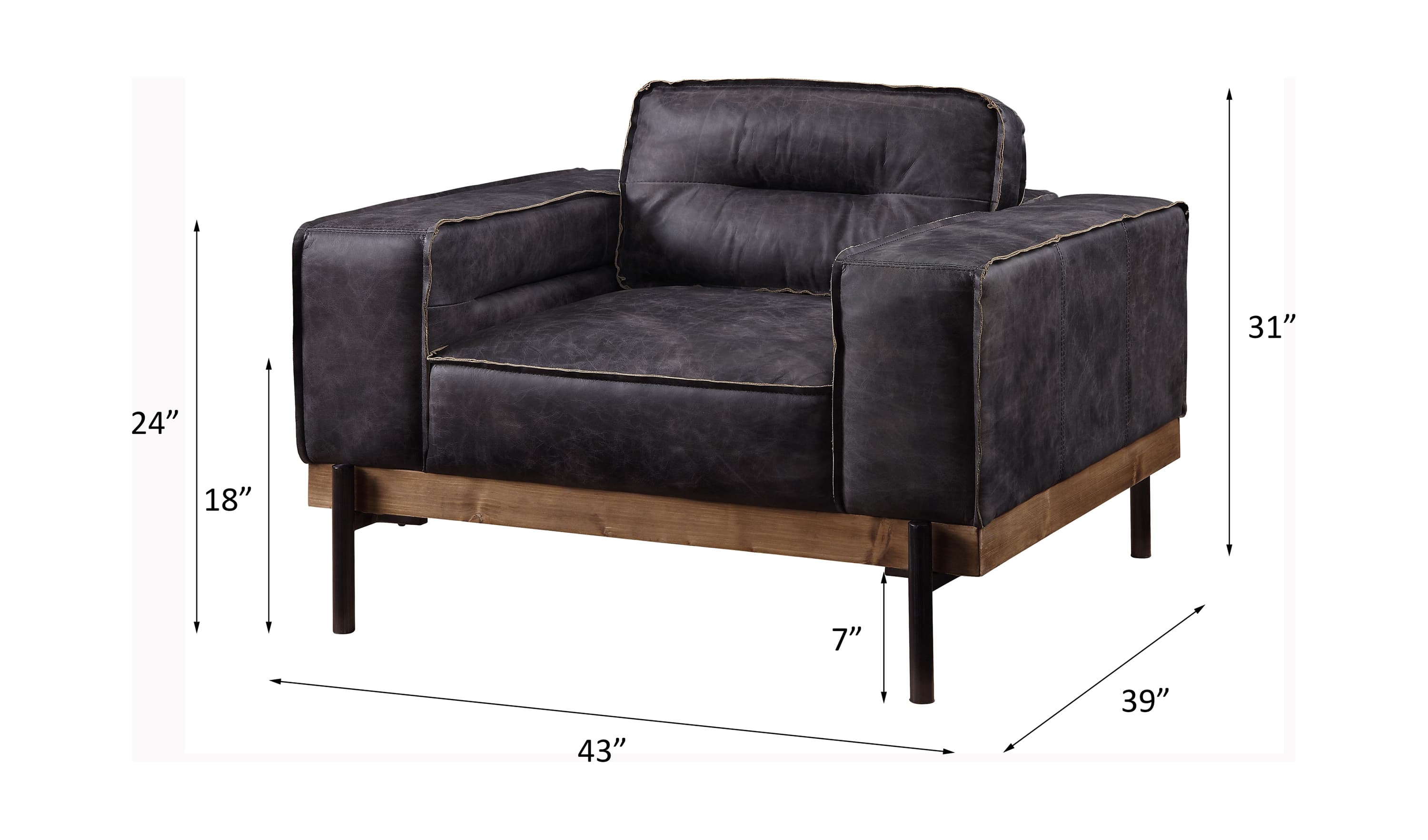 Part of the handsome Silchester Collection, this modern industrial chair will look great in any contemporary space. Contrast stitching makes the antique ebony top grain leather upholstery pop, and highlights the warm color of the wooden trim base. Metal spindle legs visually lighten the substantial proportions of this sofa set. Enjoy wide track arms and comfortable feather and foam seat construction, and relax in style.