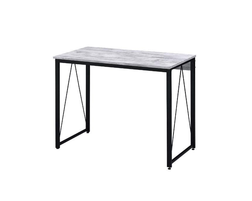 Simple, bold, and appealing, the Zaidin Desk will give your workplace a distinct look with rustic industrial style.  Founded atop a blackfinished metal base that is accented with reverse "V" shaped support, the distressed wooden table with minimal detailing showcases a rough and bold appearance.  Create your own stylish work space with the Zaidin Desk.