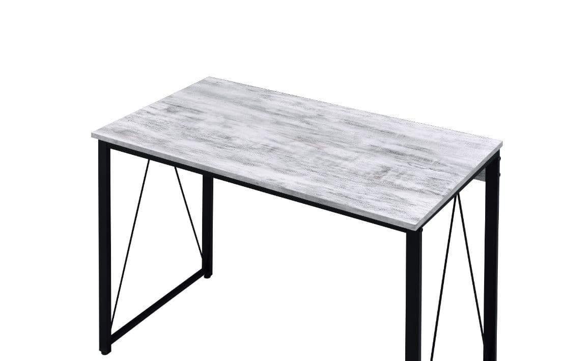 Simple, bold, and appealing, the Zaidin Desk will give your workplace a distinct look with rustic industrial style.  Founded atop a blackfinished metal base that is accented with reverse "V" shaped support, the distressed wooden table with minimal detailing showcases a rough and bold appearance.  Create your own stylish work space with the Zaidin Desk.