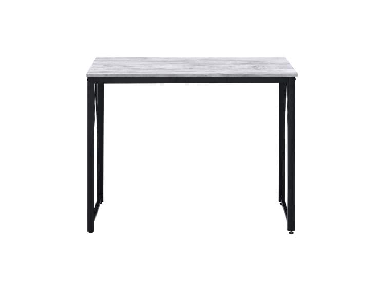 Simple, bold, and appealing, the Zaidin Desk will give your workplace a distinct look with rustic industrial style.  Founded atop a blackfinished metal base that is accented with reverse "V" shaped support, the distressed wooden table with minimal detailing showcases a rough and bold appearance.  Create your own stylish work space with the Zaidin Desk.