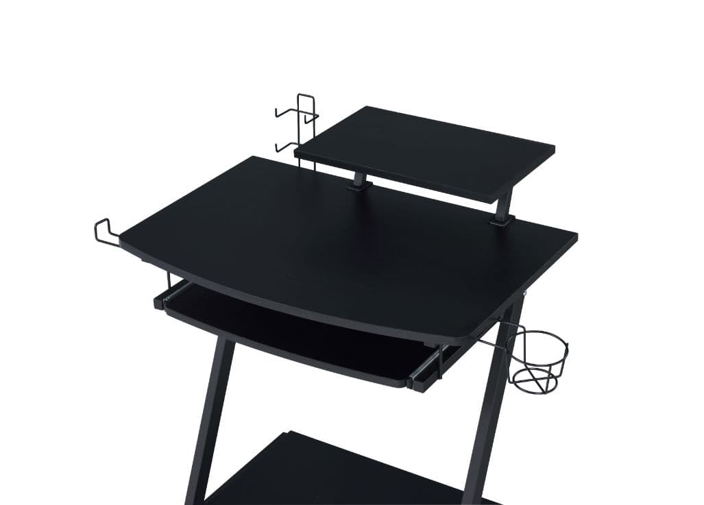 Give you everything you need for work or play.  Combining versatile design with a industrial hues, the game table has an edgy metal frame that features cup holder, controller racks and headset rack.  Smooth wheels added to the metal frame provide excellent mobility for table. The are also monitor shelf, keyboard and bottom shelf for accommodating and organizing your gaming computer and all of accessories.