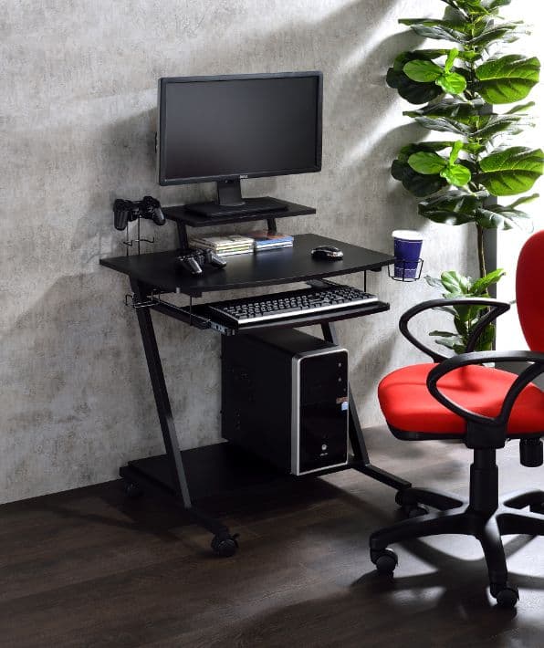 Give you everything you need for work or play.  Combining versatile design with a industrial hues, the game table has an edgy metal frame that features cup holder, controller racks and headset rack.  Smooth wheels added to the metal frame provide excellent mobility for table. The are also monitor shelf, keyboard and bottom shelf for accommodating and organizing your gaming computer and all of accessories.