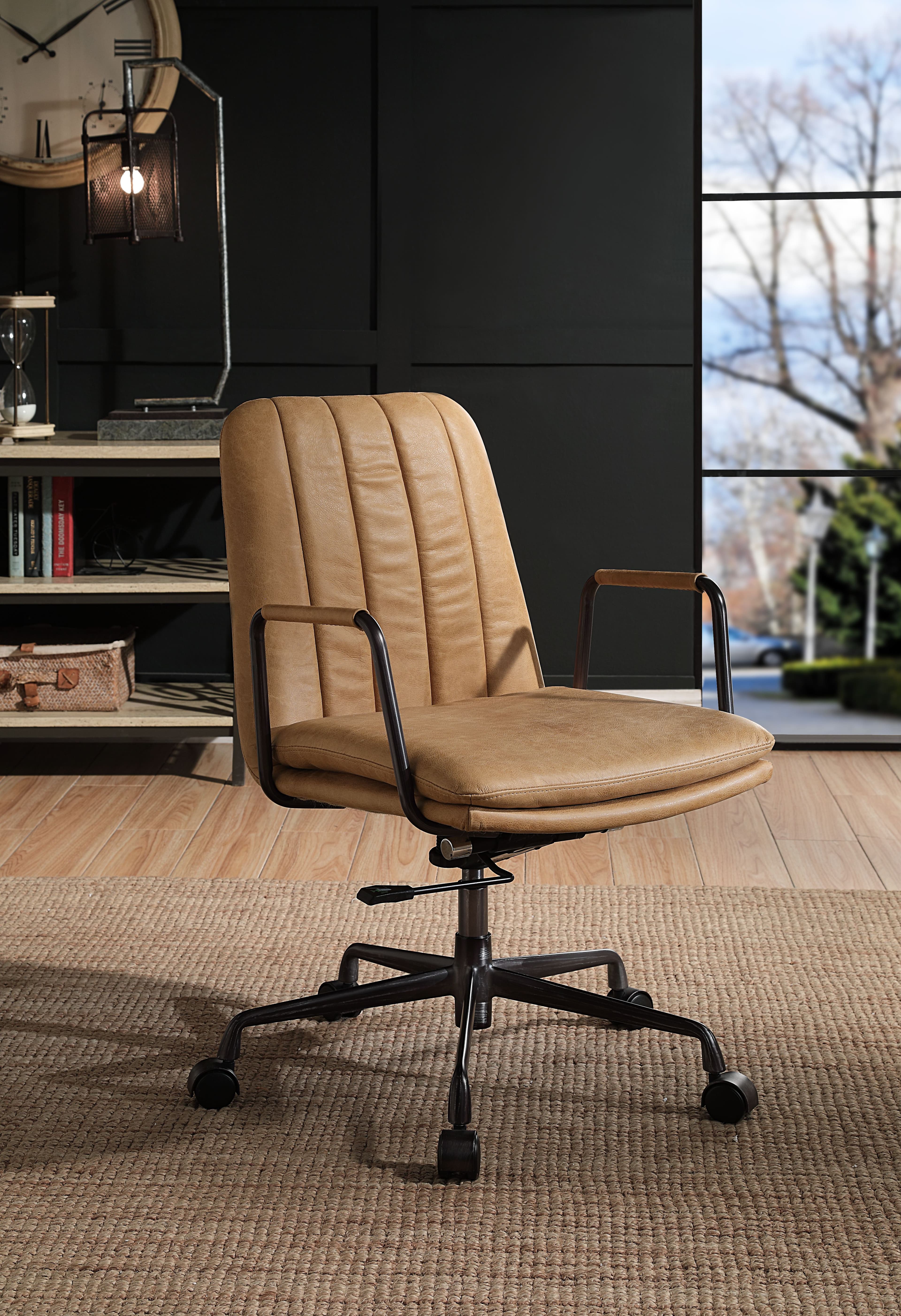Featuring stunning channel stitching and a fivestar base, the Eclarn office chair updates any office space into a luxurious modern atmosphere. This chair features smooth topgrain leather upholstery and lined armrests. With a minimalistic yet refined fabrication, this chair brings out a simplistic style that highlights comfort and functionality with a 360degree swivel.