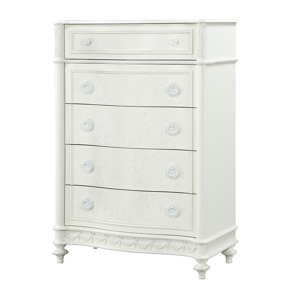 The Dorothy chest is the perfect storage solution for a growing tween. It features five ample drawers that will hold all their clothes for their everchanging style phases. The drawer fronts are embossed with floral details, and it has a ribbon bunting trim for an added girly touch. It sits on wooden bun legs that feature floral details. Finished in an ivory color that makes it easy to style around any existing color scheme. Keep clutter to a minimum with this gorgeous Dorothy chest.