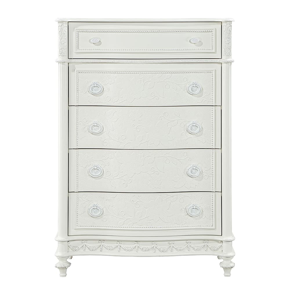 The Dorothy chest is the perfect storage solution for a growing tween. It features five ample drawers that will hold all their clothes for their everchanging style phases. The drawer fronts are embossed with floral details, and it has a ribbon bunting trim for an added girly touch. It sits on wooden bun legs that feature floral details. Finished in an ivory color that makes it easy to style around any existing color scheme. Keep clutter to a minimum with this gorgeous Dorothy chest.