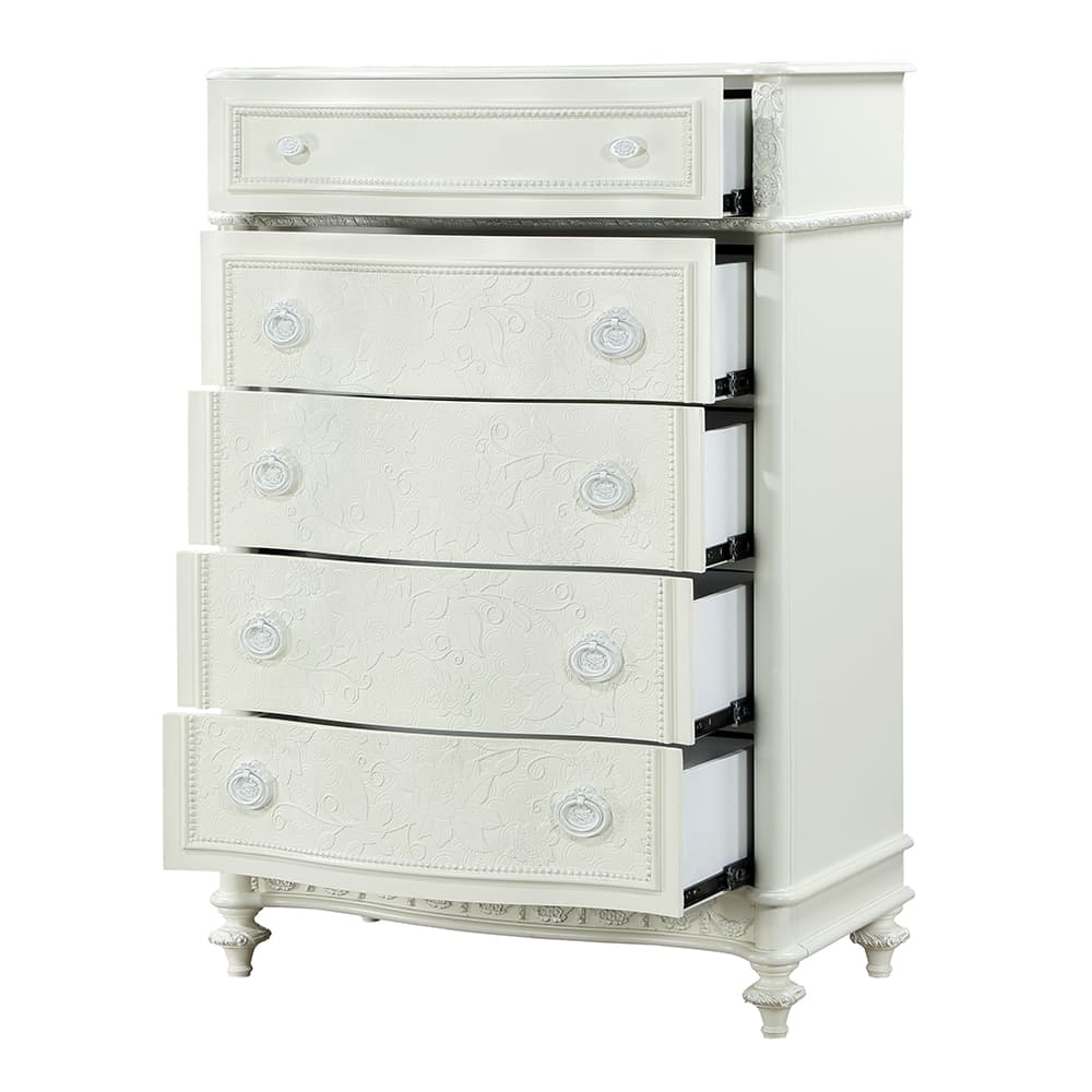 The Dorothy chest is the perfect storage solution for a growing tween. It features five ample drawers that will hold all their clothes for their everchanging style phases. The drawer fronts are embossed with floral details, and it has a ribbon bunting trim for an added girly touch. It sits on wooden bun legs that feature floral details. Finished in an ivory color that makes it easy to style around any existing color scheme. Keep clutter to a minimum with this gorgeous Dorothy chest.